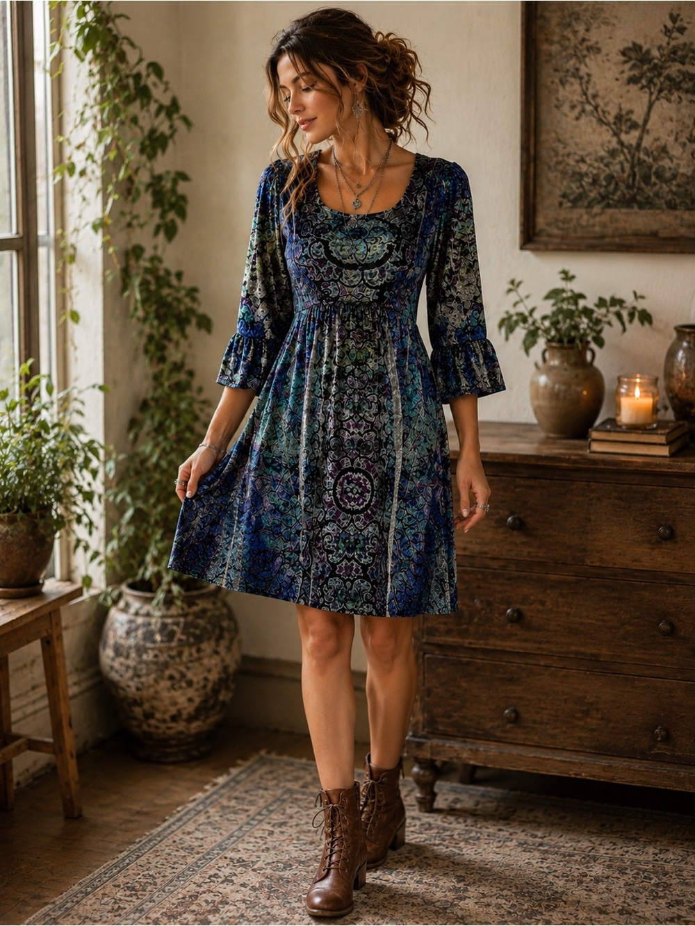 Fairy grunge velvet burnout dress L boho whimsigoth artsy jewel tone midi dress